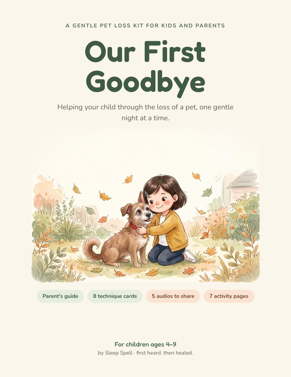 Cover of Our First Goodbye: Mia hugging her old dog Lulu in an autumn garden, soft watercolor