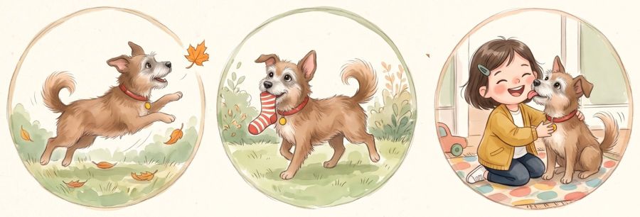 Three small pictures: Lulu chasing a leaf, stealing a sock, and licking Mia’s cheek