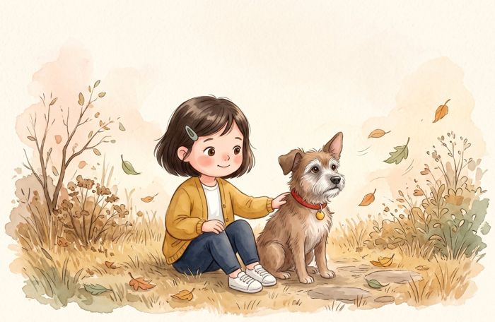 Mia sits beside Lulu as Lulu watches the autumn leaves blow past